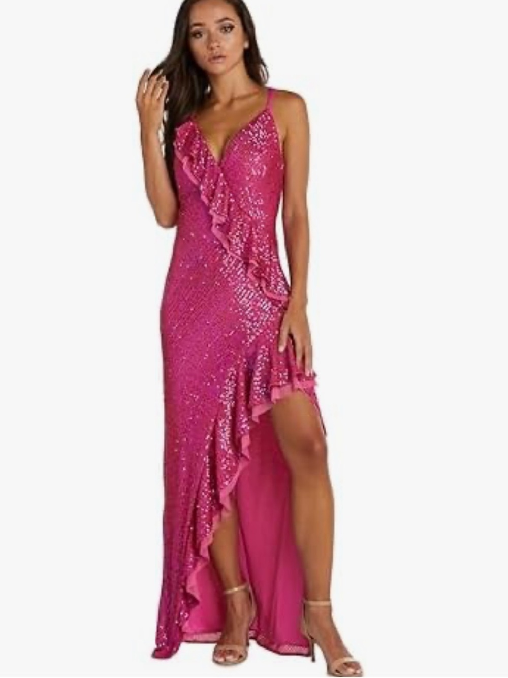 Morgan & Co. Hot Fuchsia Pink Sequin Hi‑Lo Ruffle V‑Neck Dress